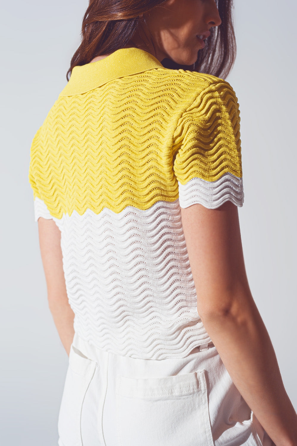 Knitted Colour Block Cropped Polo in White and Yellow - Szua Store