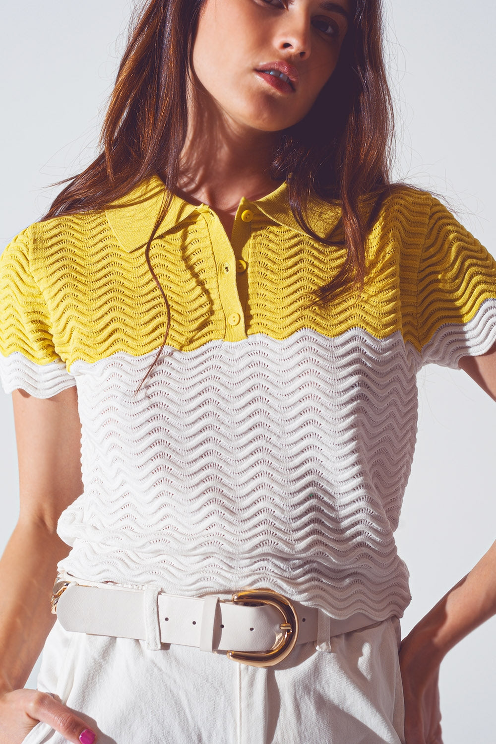 Knitted Colour Block Cropped Polo in White and Yellow - Szua Store
