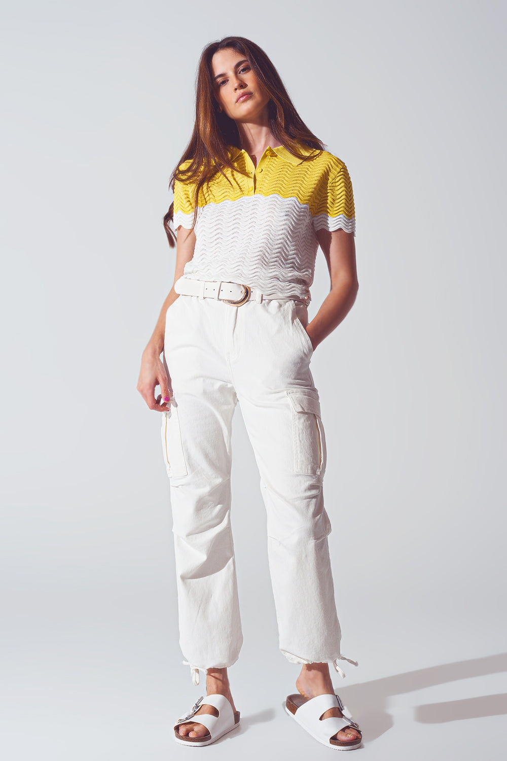 Knitted Colour Block Cropped Polo in White and Yellow - Szua Store