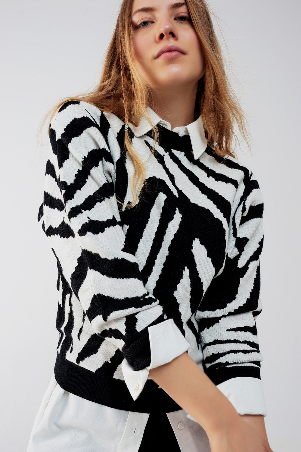 Knitted jumper in black zebra print