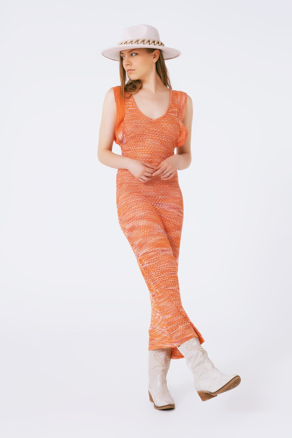 Knitted Long Dress With Chest Ruffle in Melange Orange - Szua Store