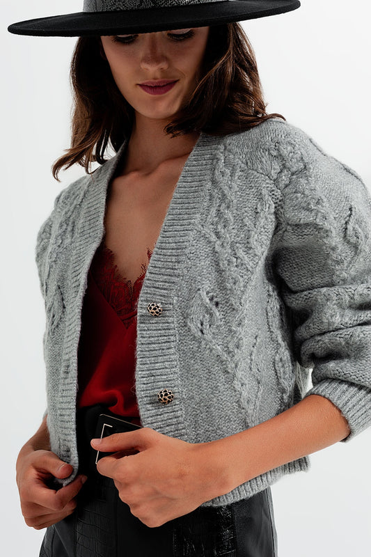 Knitted Long sleeve crystal button cardigan in grey Szua Store