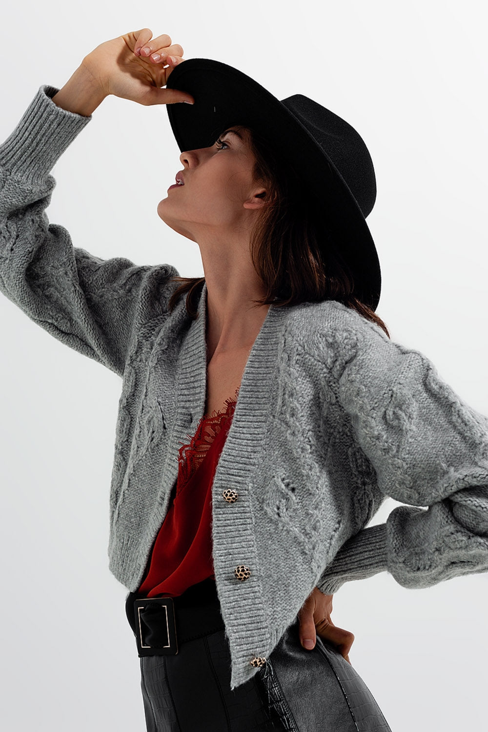 Knitted Long sleeve crystal button cardigan in grey Szua Store