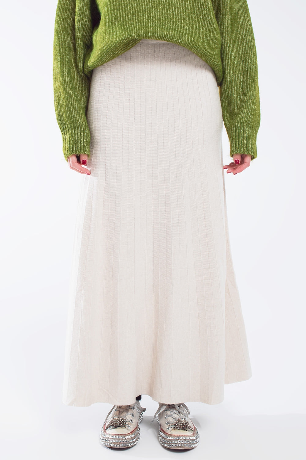 Q2 Knitted maxi Skirt With Elasticated Waist in Cream