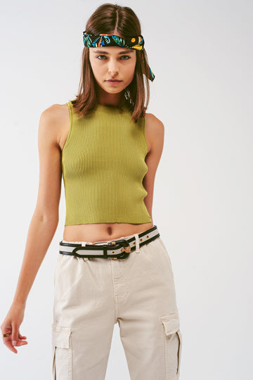 Q2 Knitted Tank Top in Army Green