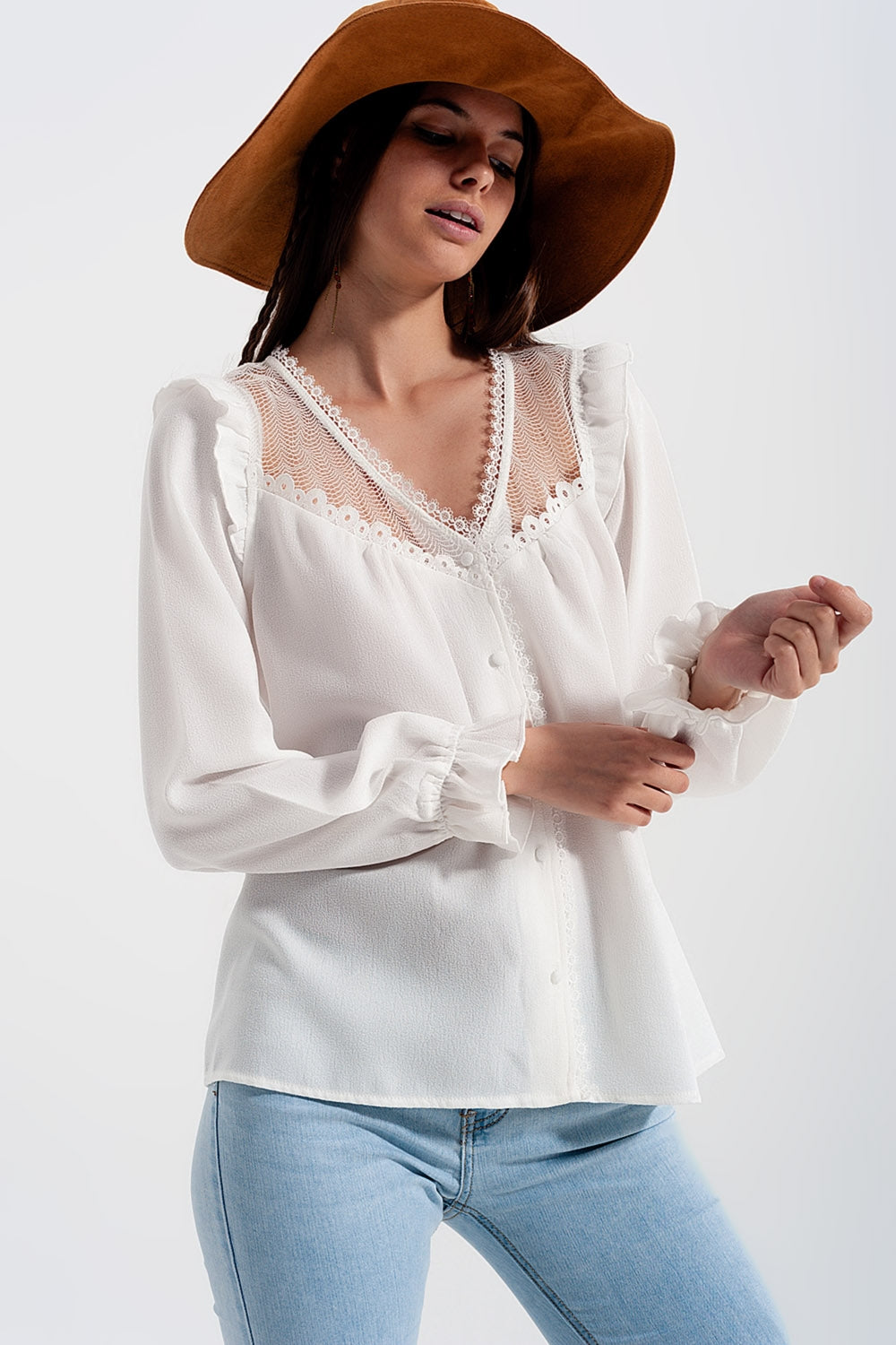 Lace insert shirt in cream Szua Store