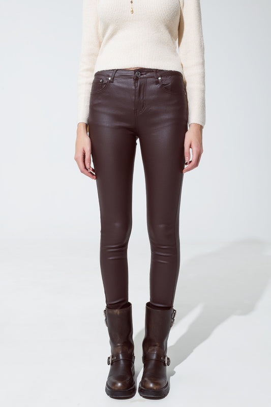 Q2 leatherette effect super skinny pants in dark brown