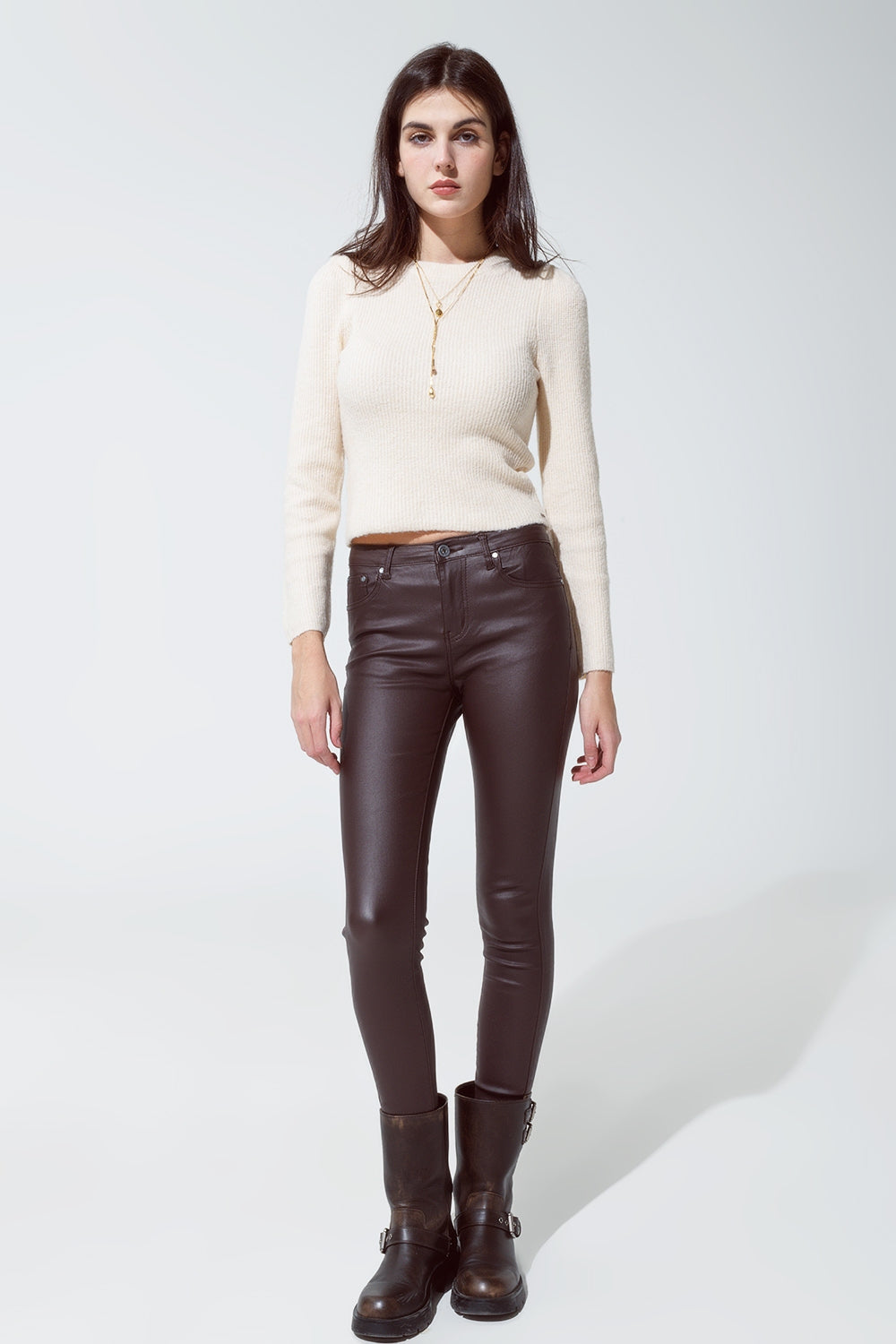 Leatherette effect super skinny pants in dark brown
