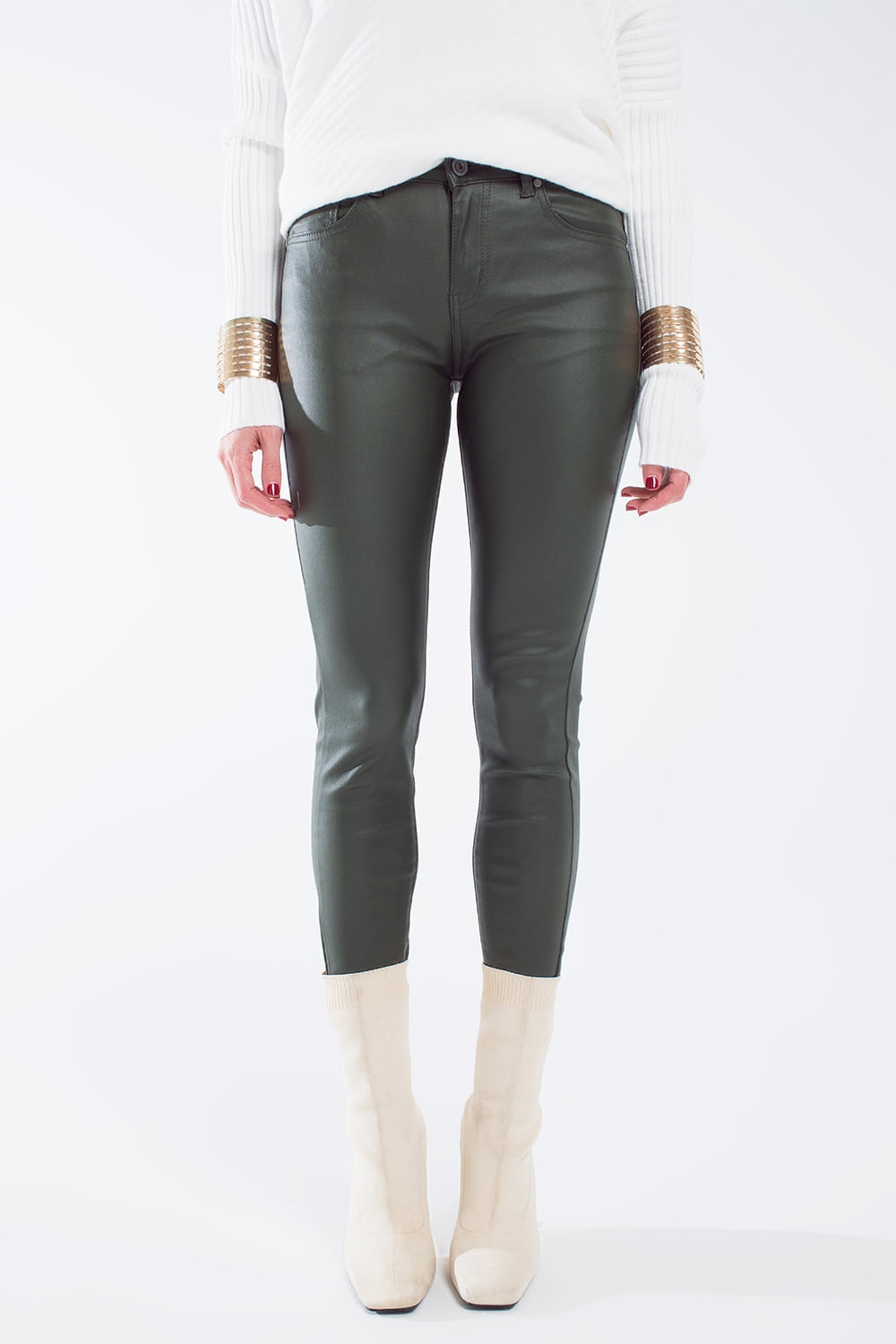 Q2 leatherette effect super skinny pants in olive green