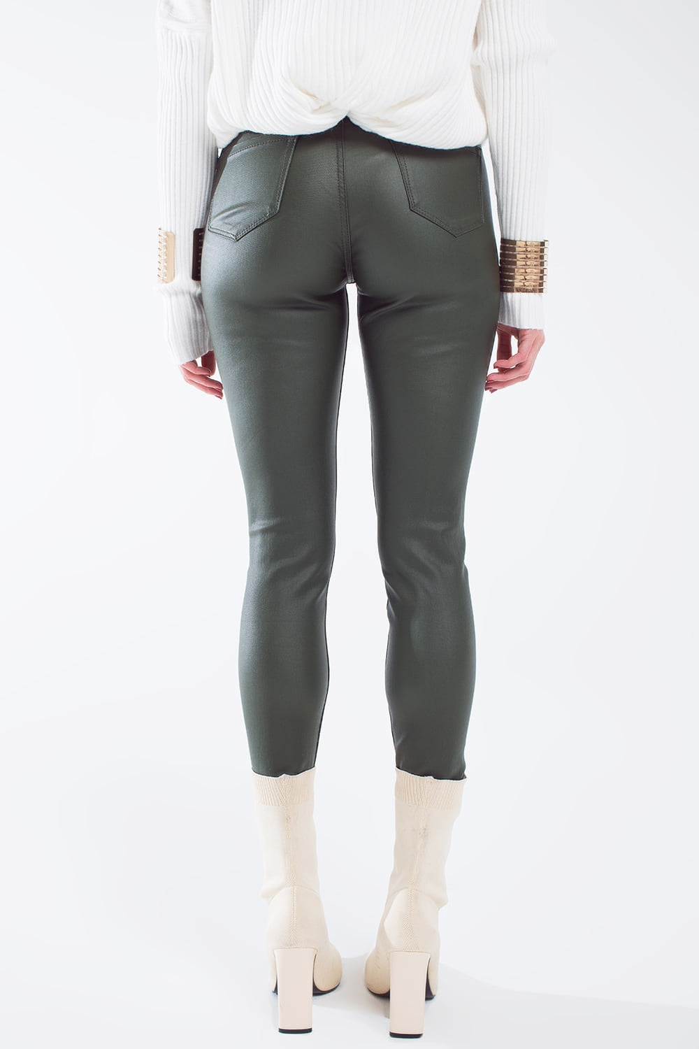 Leatherette effect super skinny pants in olive green