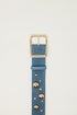 Q2 light denim belt with metallic bubble applications