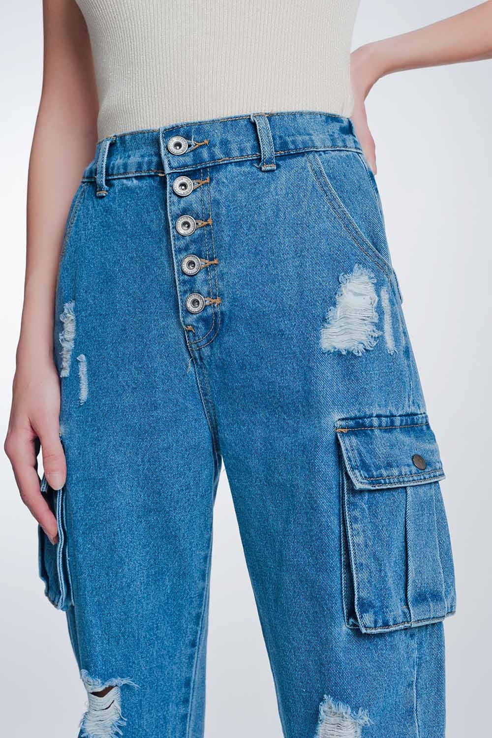 Light denim straight jeans ripped with side pockets Szua Store