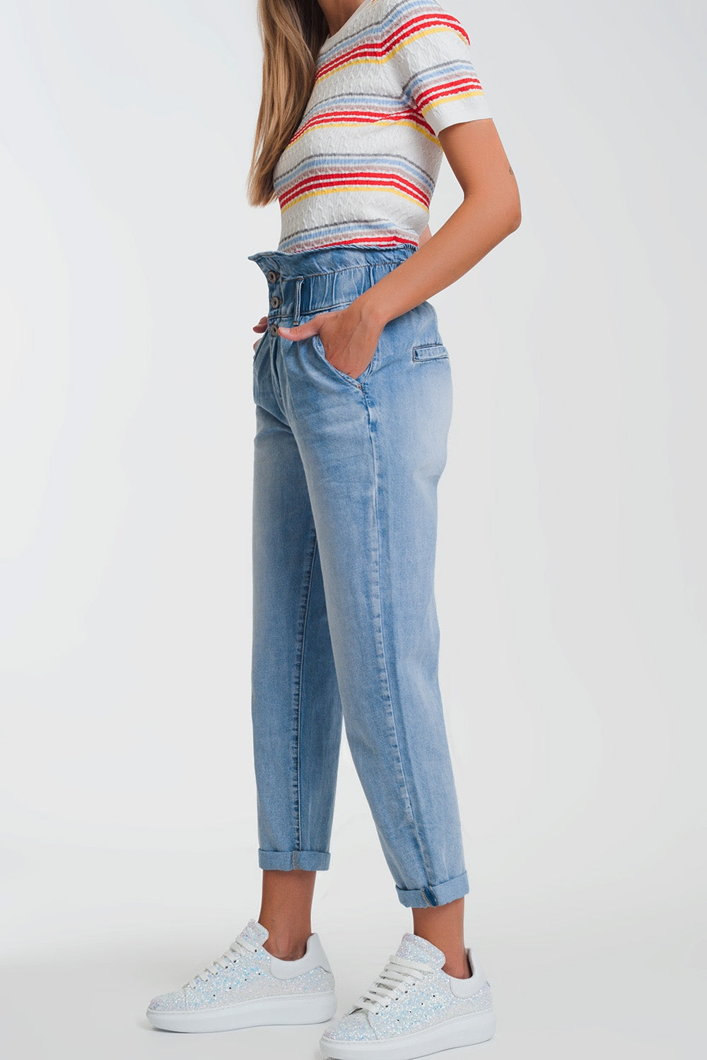 Light denim straight jeans with big waistband detail Szua Store
