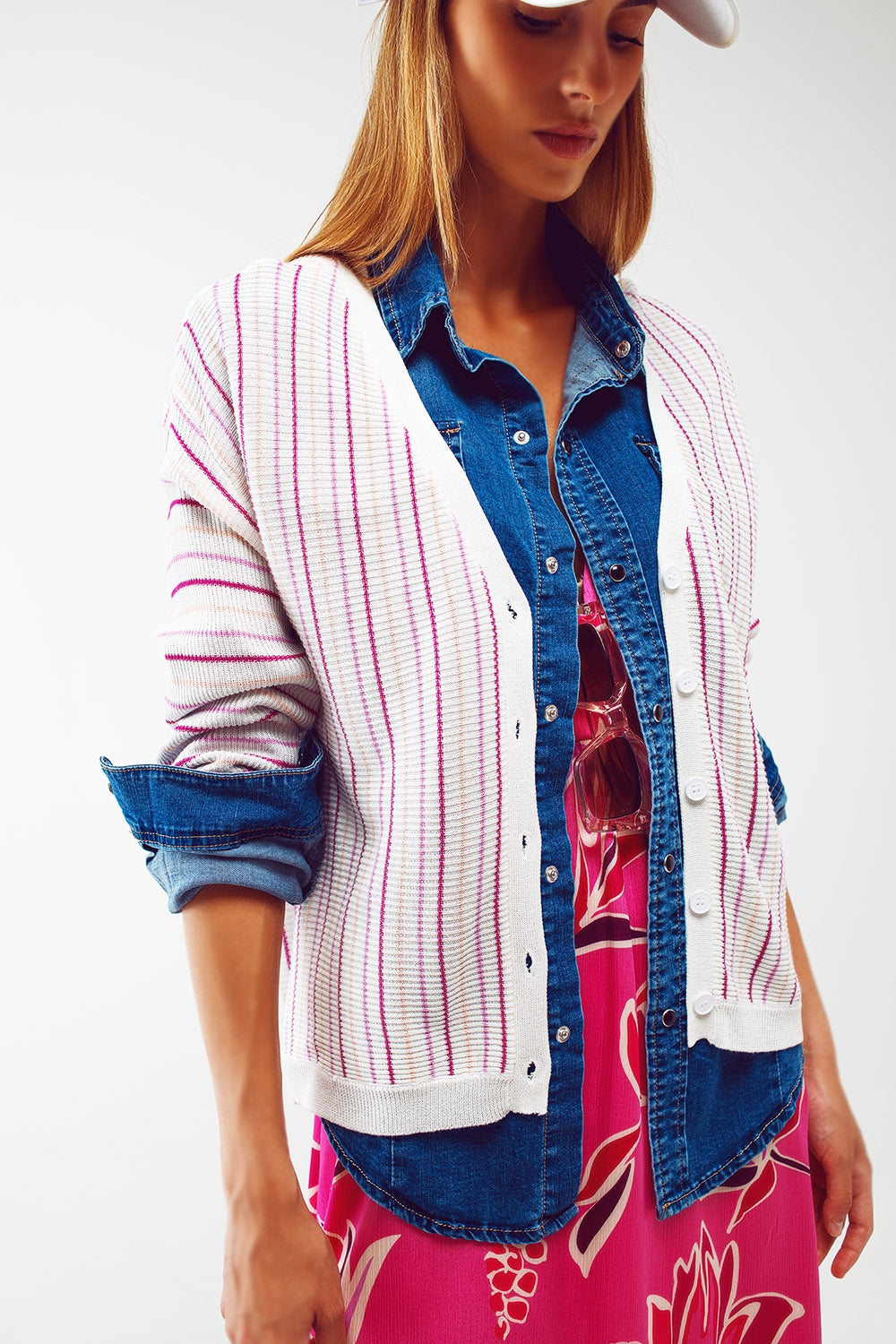 Lightweight knit cardi in pink stripe - Szua Store