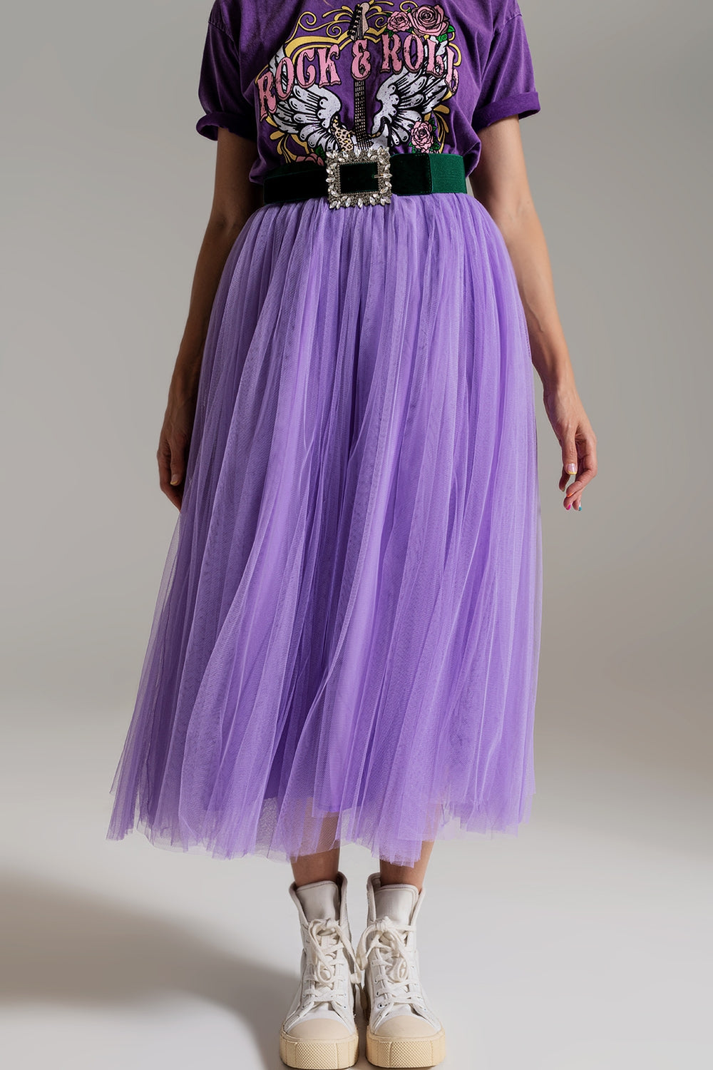 Q2 lilac tulle midi skirt with elastic waist