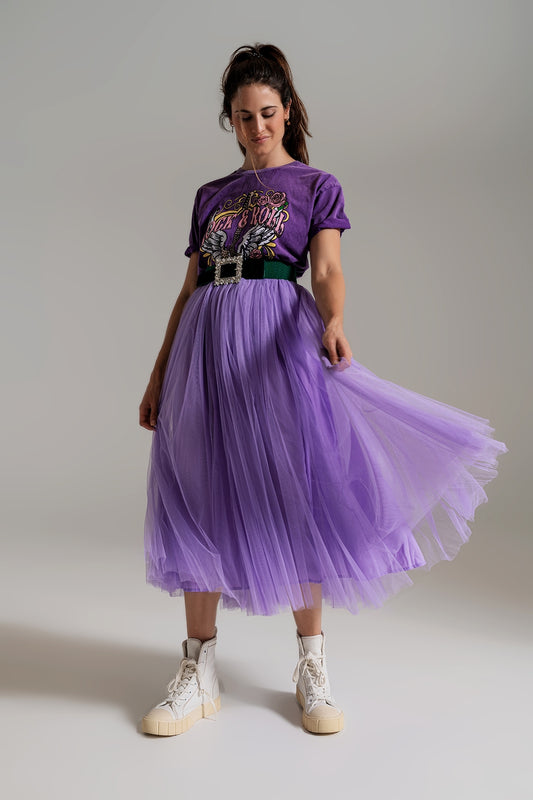 Lilac tulle midi skirt with elastic waist