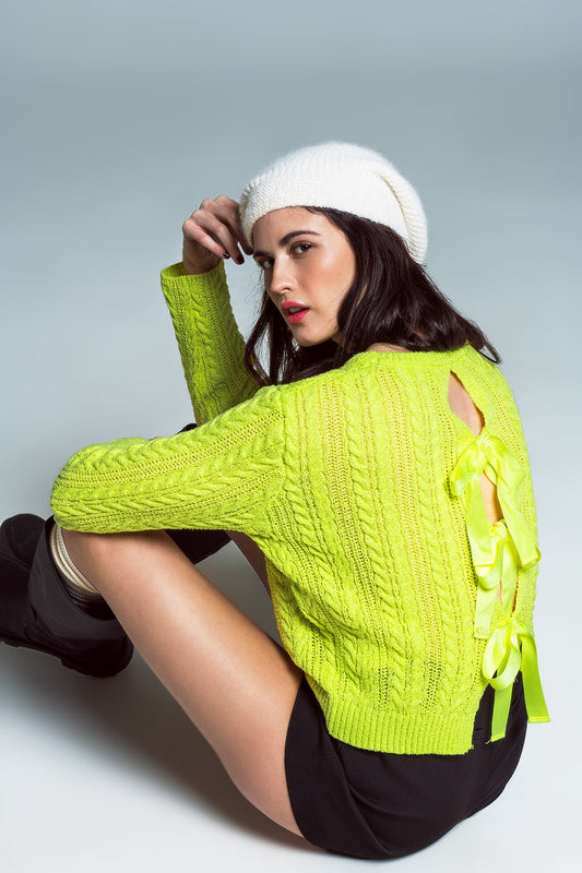 Q2 Lime green cable knit jumper with open back and bows