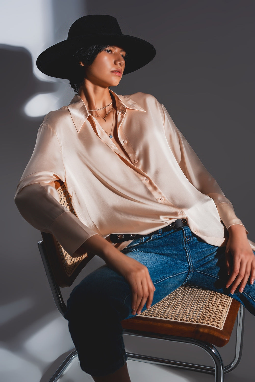 Long sleeve satin button front shirt in beige