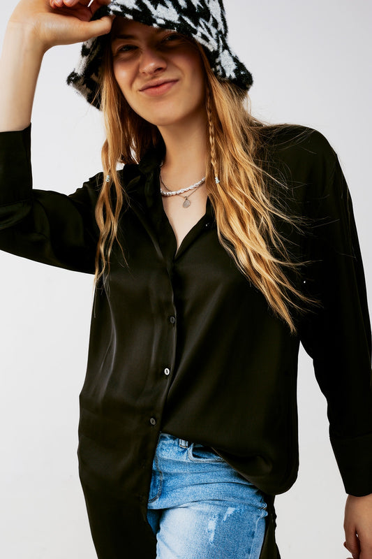 Long sleeve satin button front shirt in black Szua Store