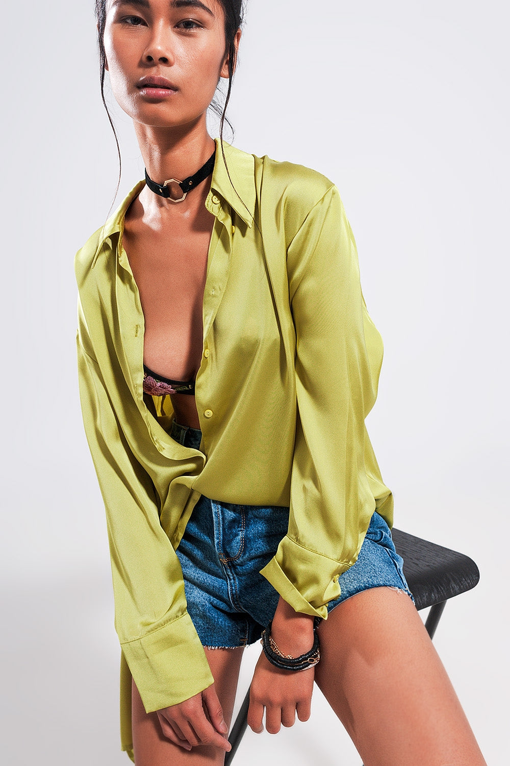 Long sleeve satin button front shirt in green Szua Store