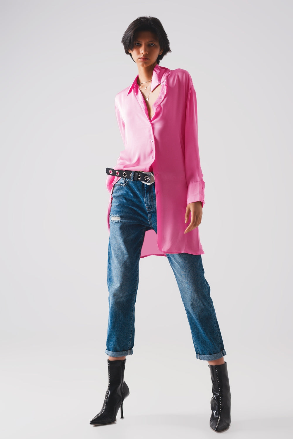 Long sleeve satin button front shirt in pink - Szua Store