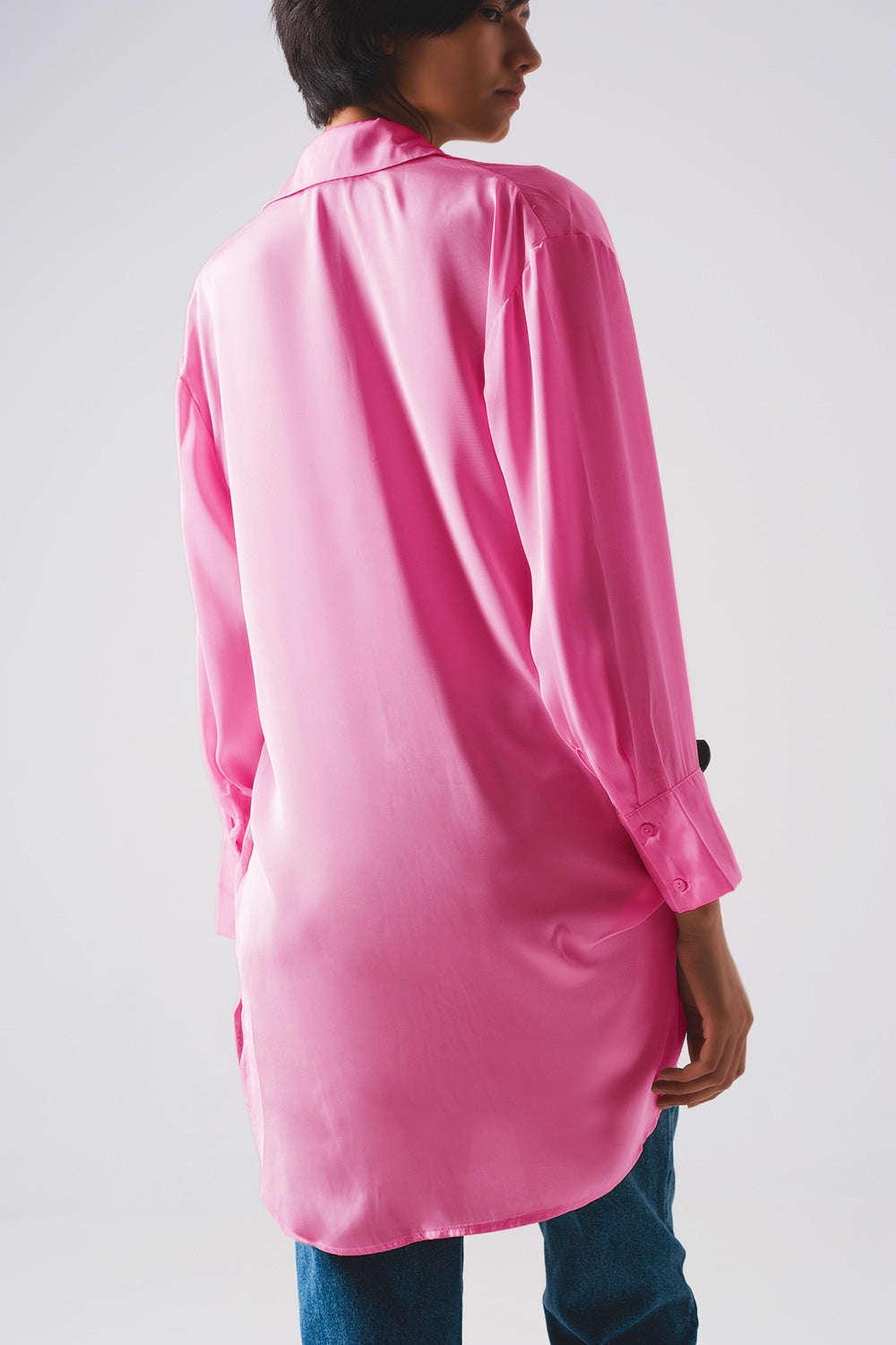 Long sleeve satin button front shirt in pink - Szua Store