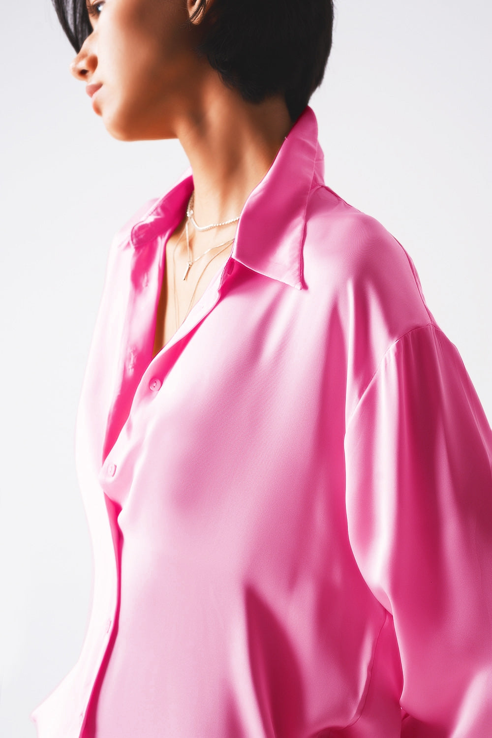 Long sleeve satin button front shirt in pink - Szua Store