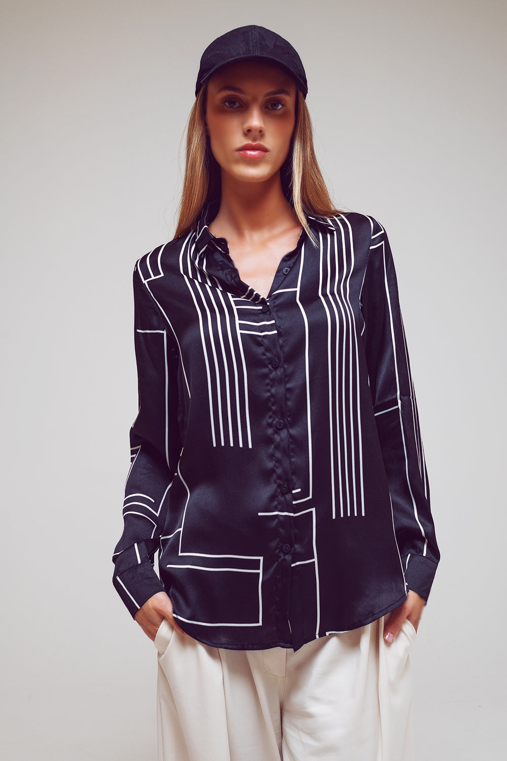 Q2 Long Sleeve Satin Shirt With Black and White Abstract Print