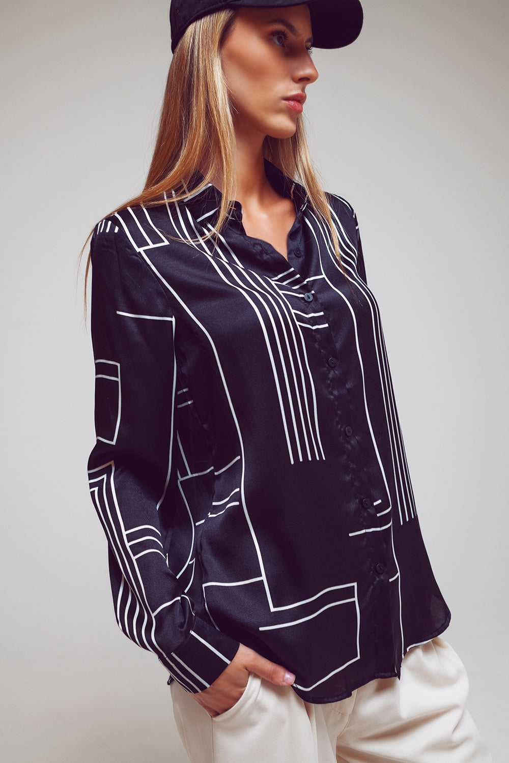 Long Sleeve Satin Shirt With Black and White Abstract Print - Szua Store