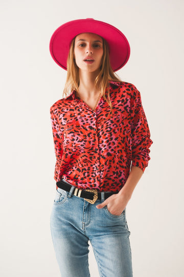 Q2 Long sleeve shirt in fuchsia leopard print