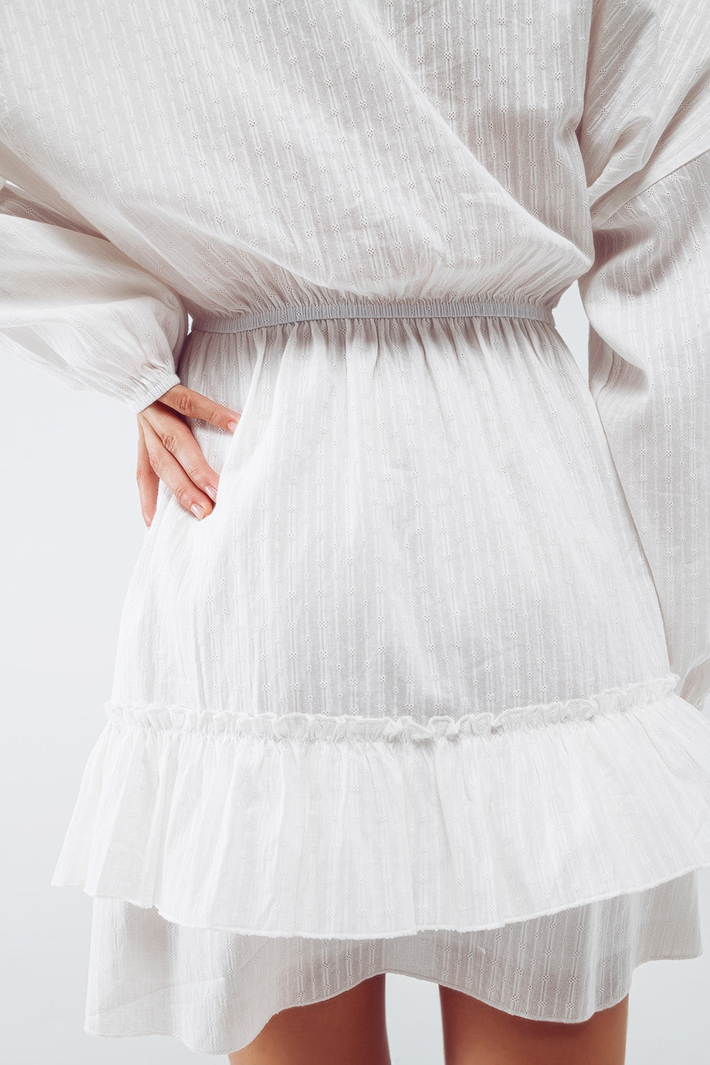 Long Sleeve Skater Textured Short Dress in White - Szua Store