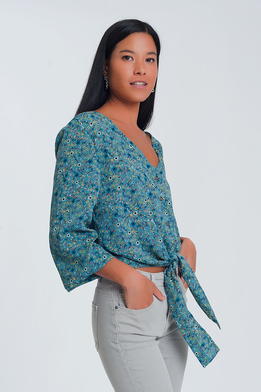 Long sleeve v neck blouse with button detail in green floral print Szua Store