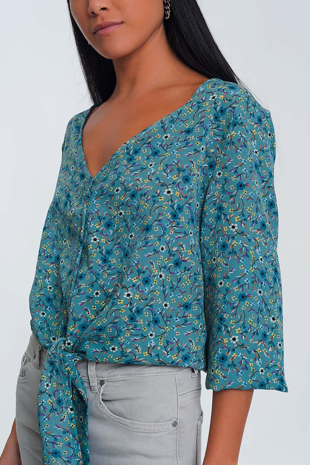 Long sleeve v neck blouse with button detail in green floral print Szua Store