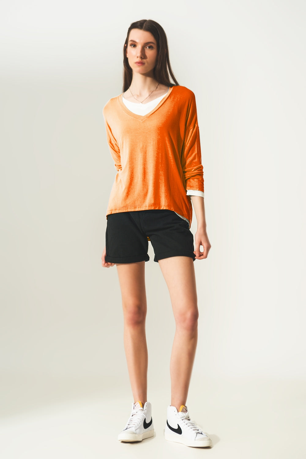 Long sleeve v neck top in modal in Orange - Szua Store