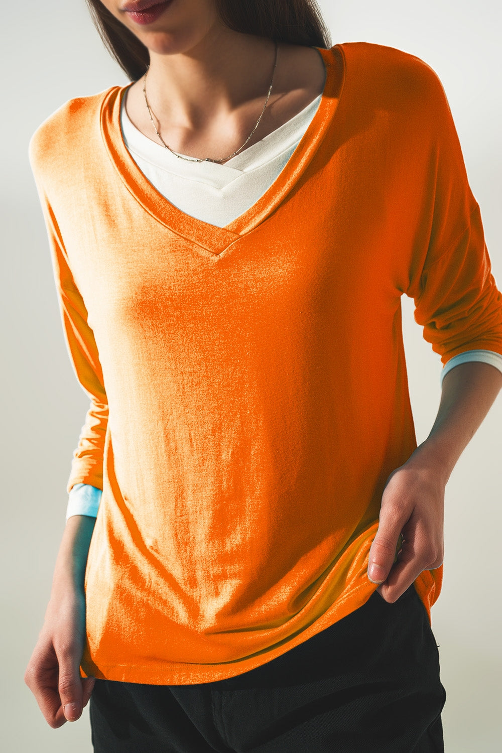 Long sleeve v neck top in modal in Orange - Szua Store