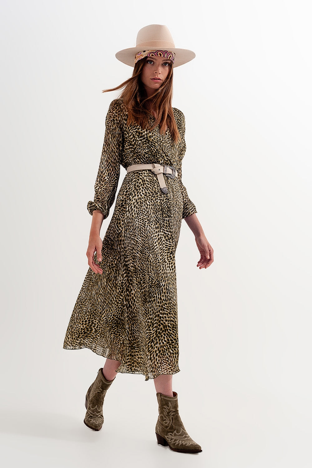 Long sleeve wrap front chiffon dress with belt in shiny print Szua Store