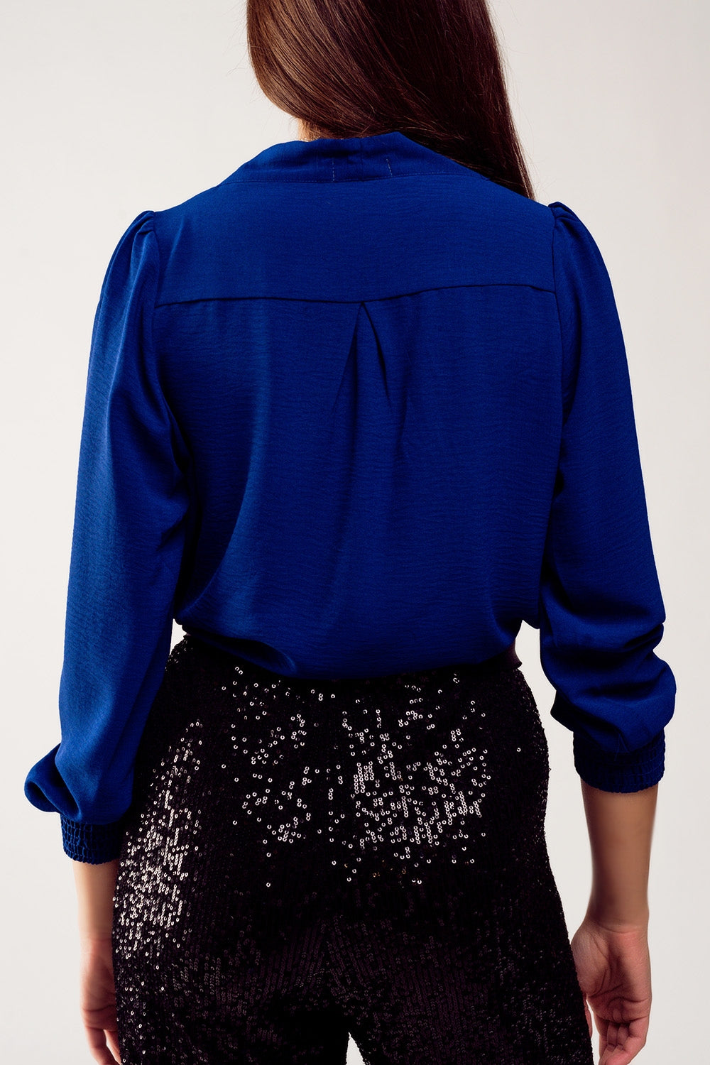 Long sleeved wrap satin blouse in blue Szua Store