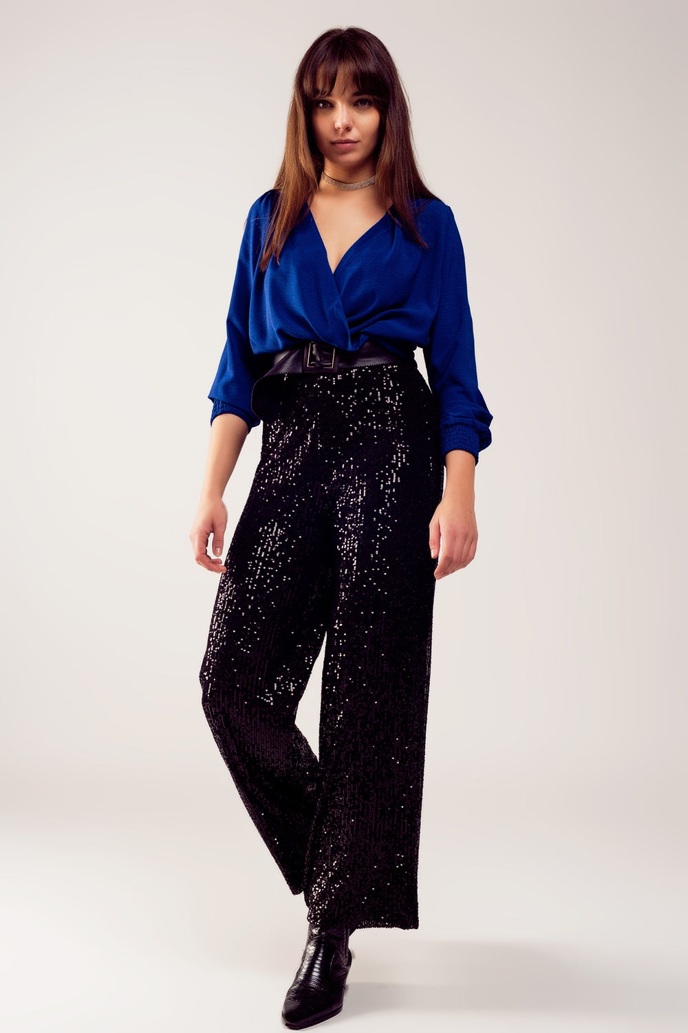 Long sleeved wrap satin blouse in blue Szua Store