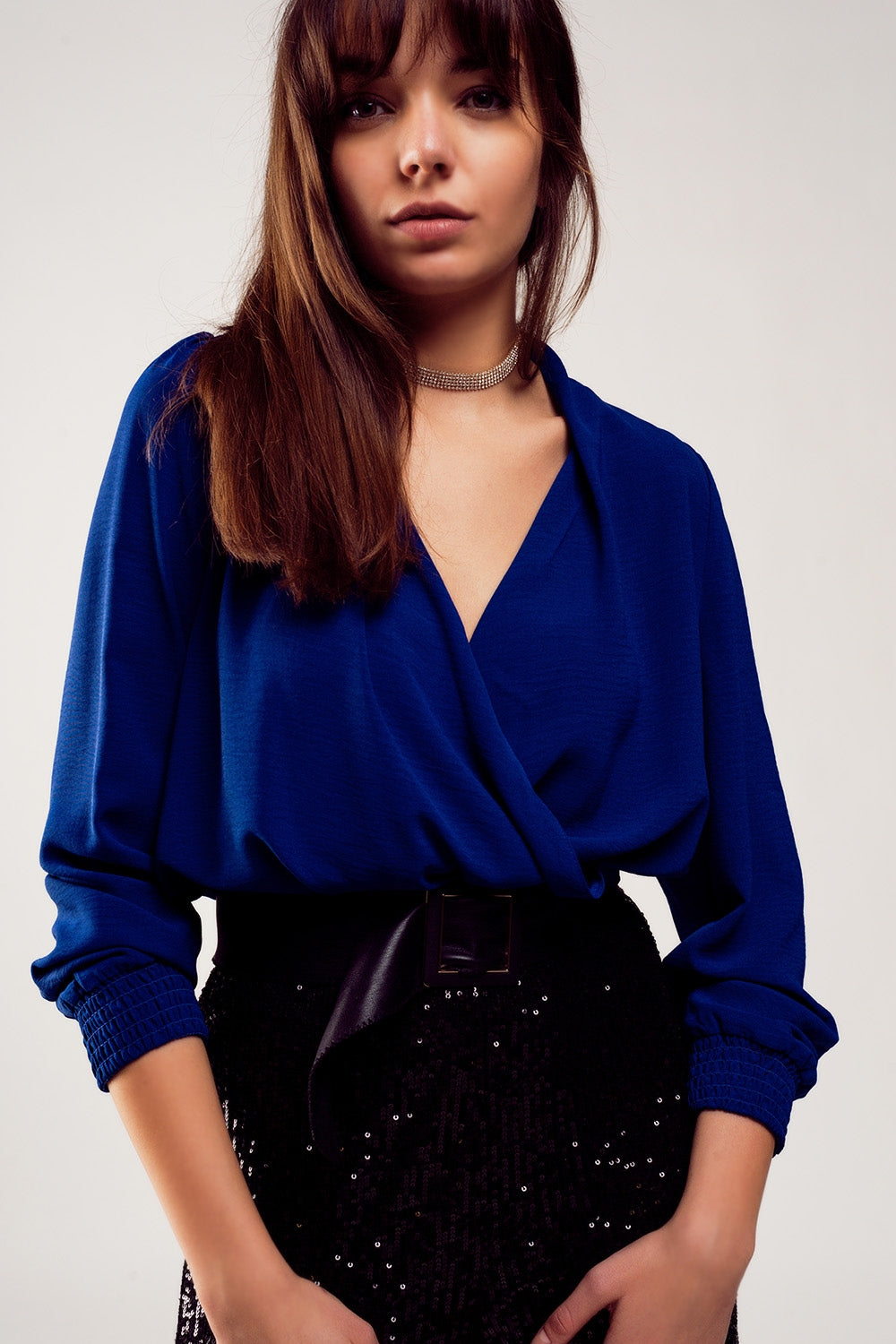 Long sleeved wrap satin blouse in blue Szua Store