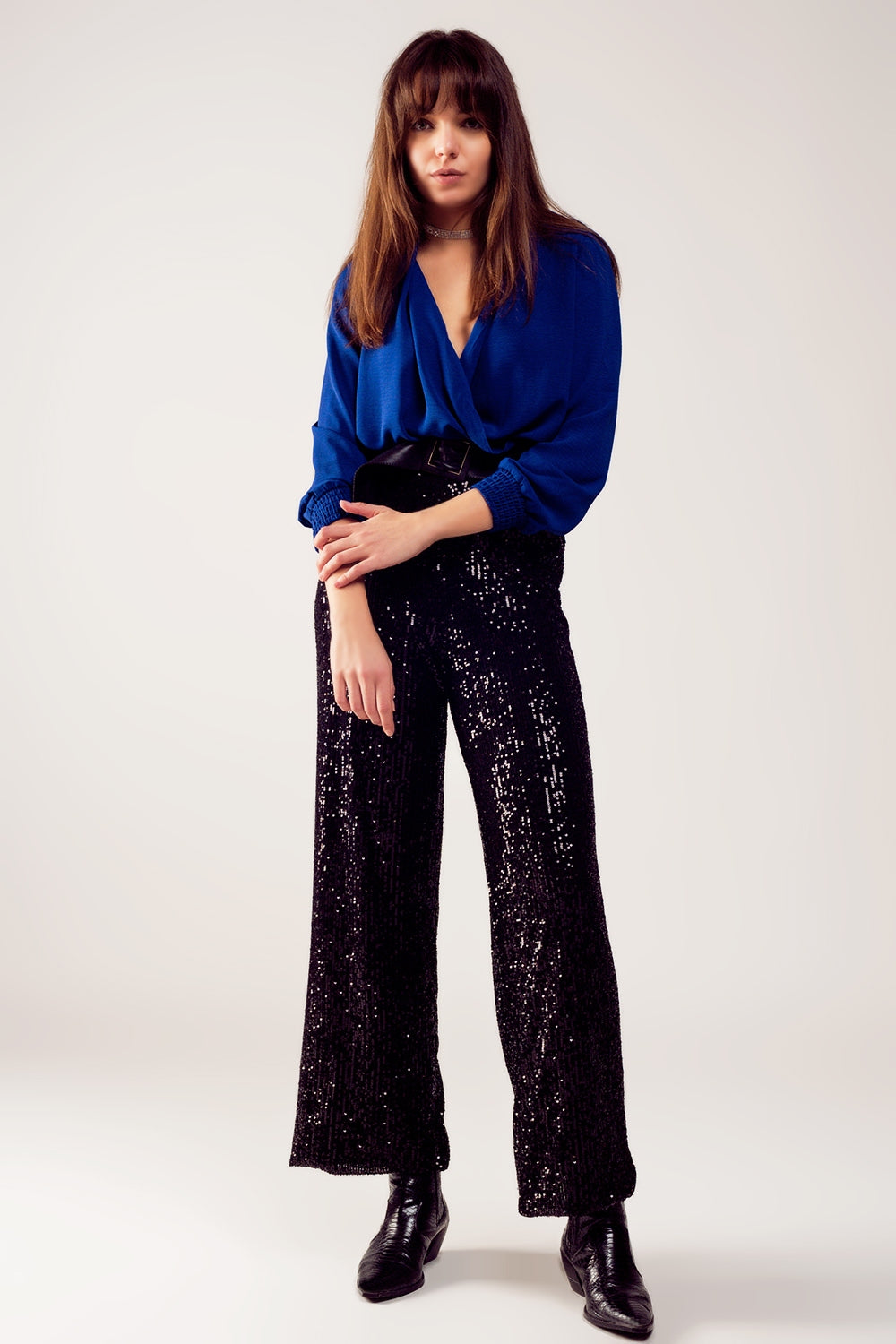 Long sleeved wrap satin blouse in blue Szua Store