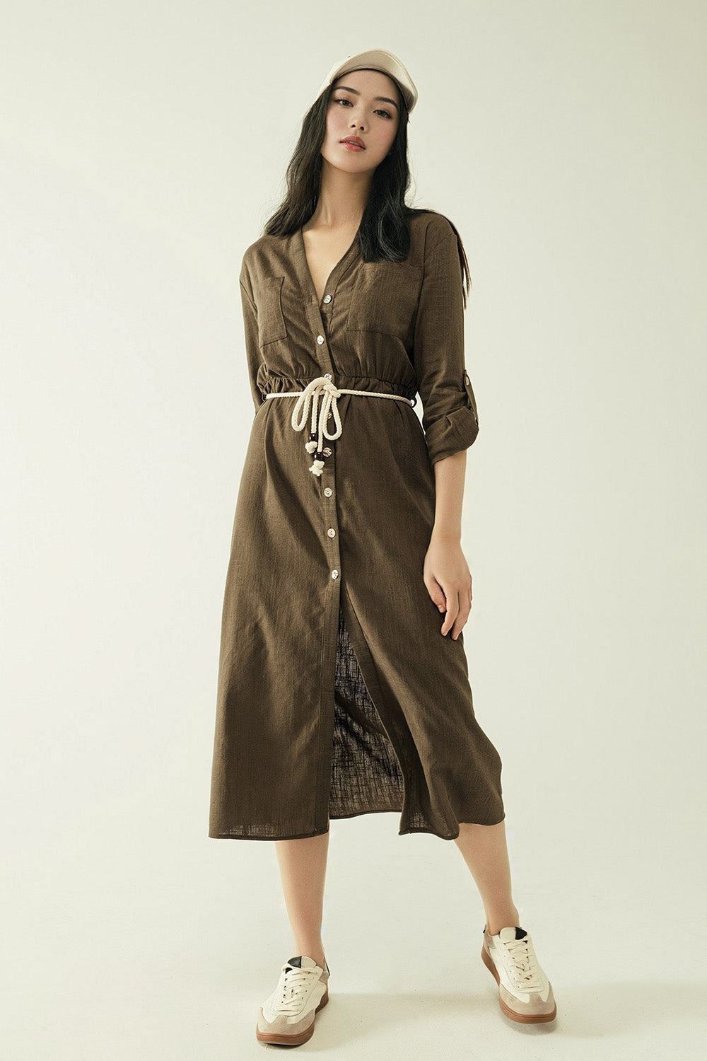 Q2 Long sleeves Khaki shirt dress with button closure