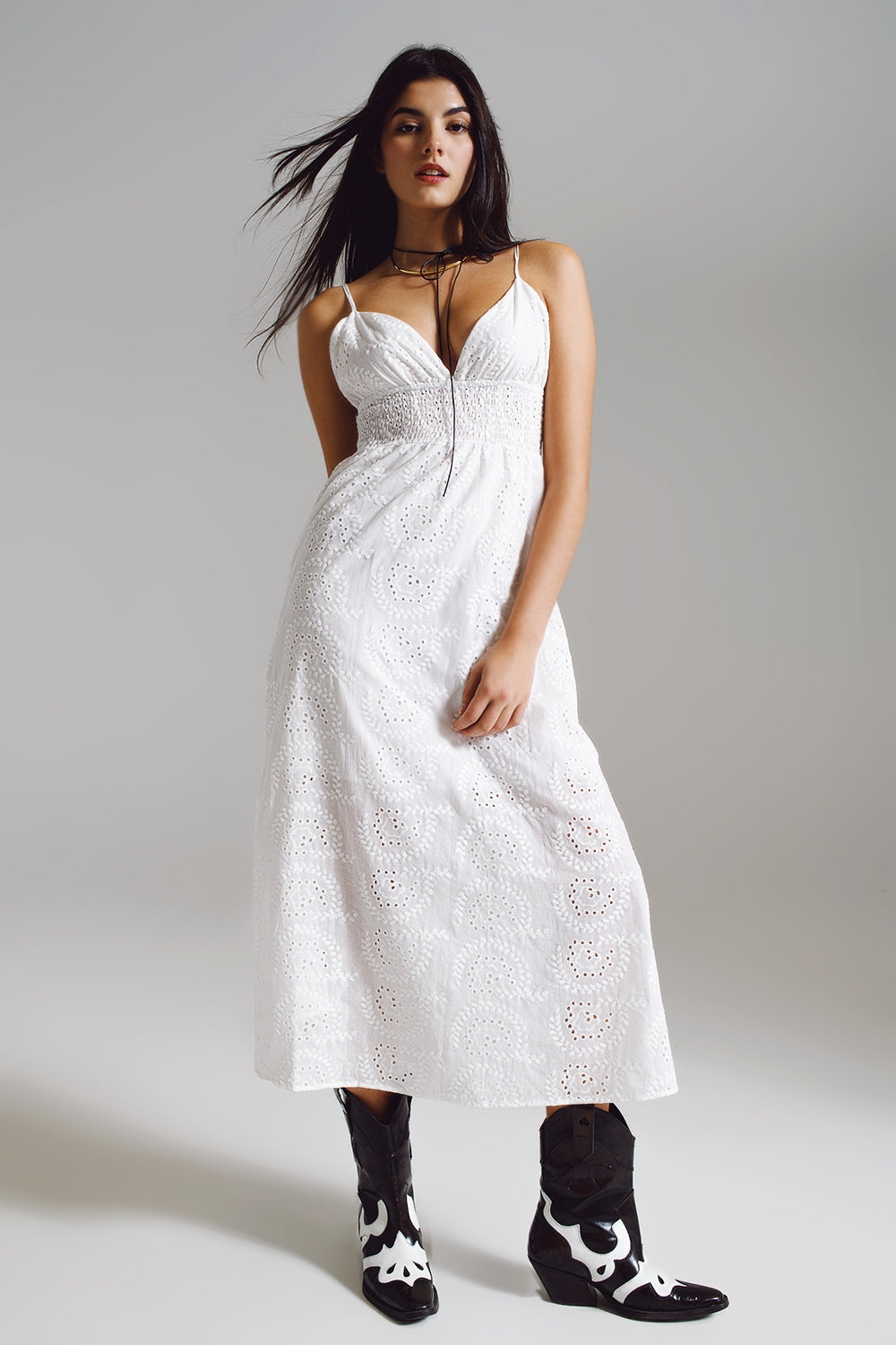 Q2 Long white crochet dress with fitted waist