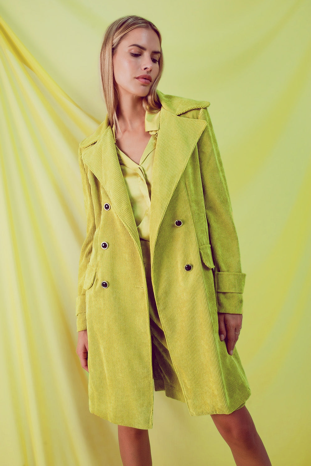 Longline blazer with vintage buttons in lime cord