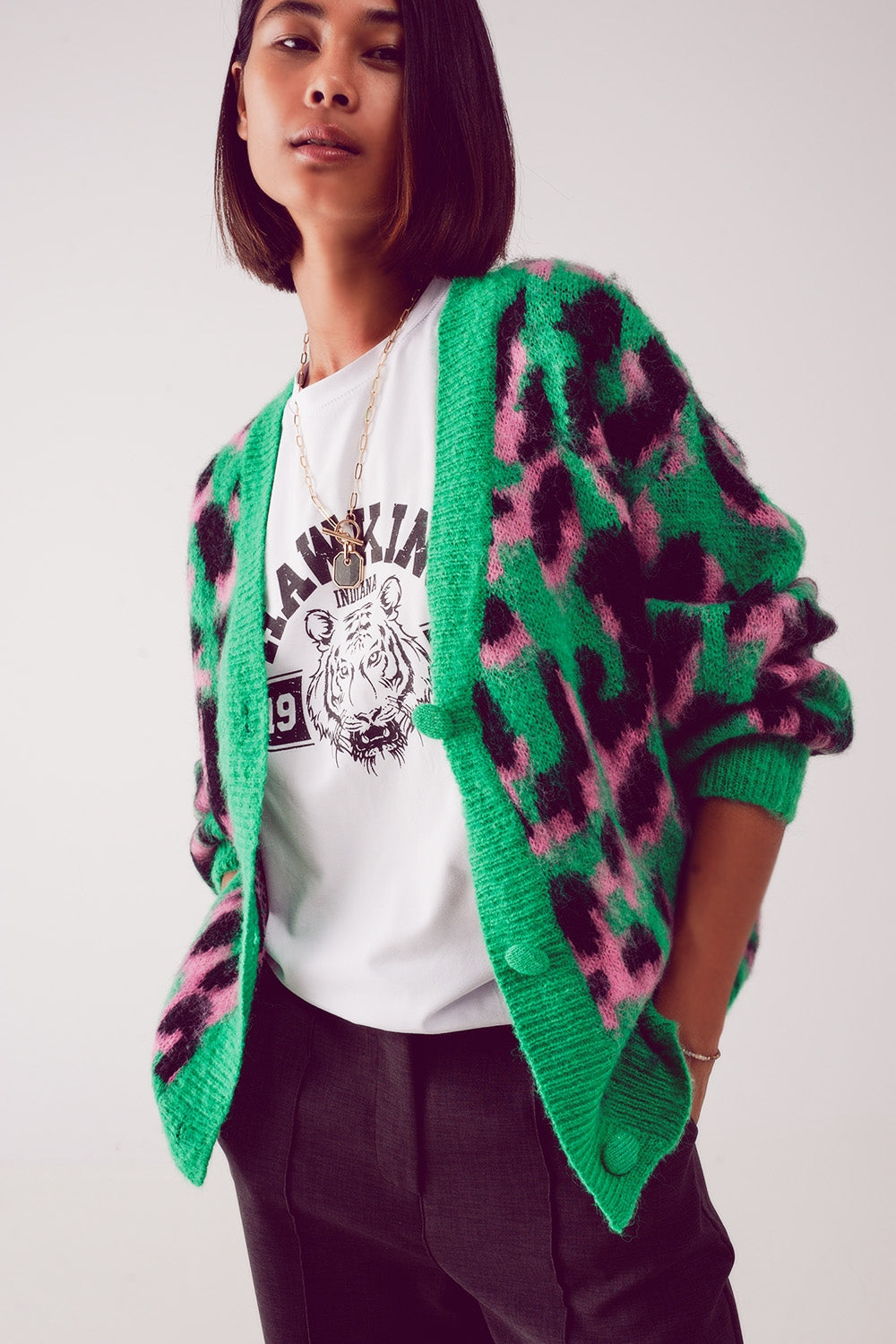 Longline cardigan in green abstract animal
