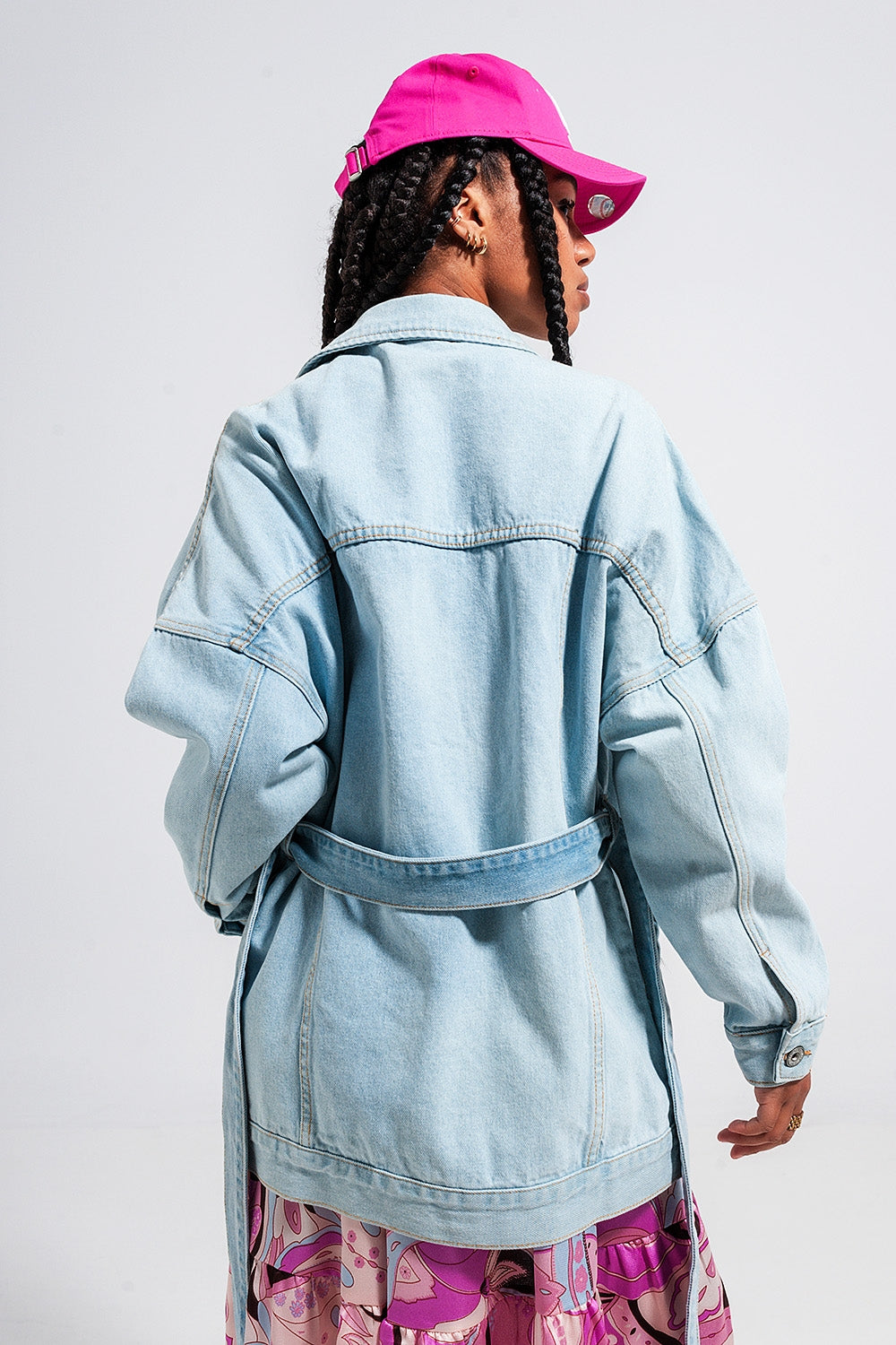 Longline denim jacket with belt in light blue wash Szua Store