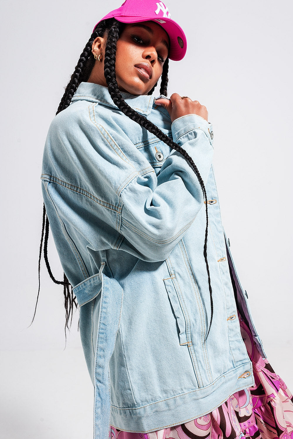 Longline denim jacket with belt in light blue wash Szua Store