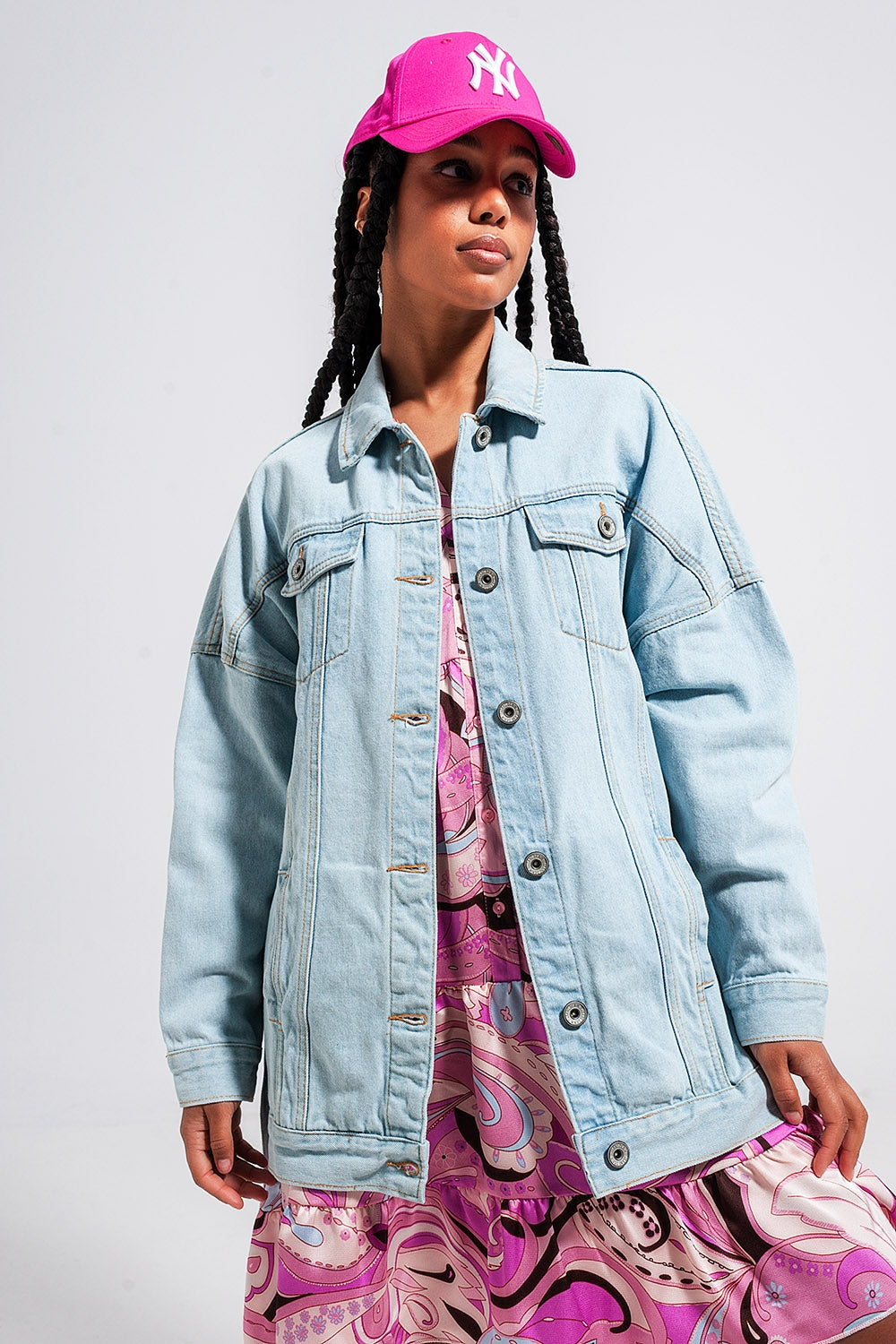 Longline denim jacket with belt in light blue wash Szua Store