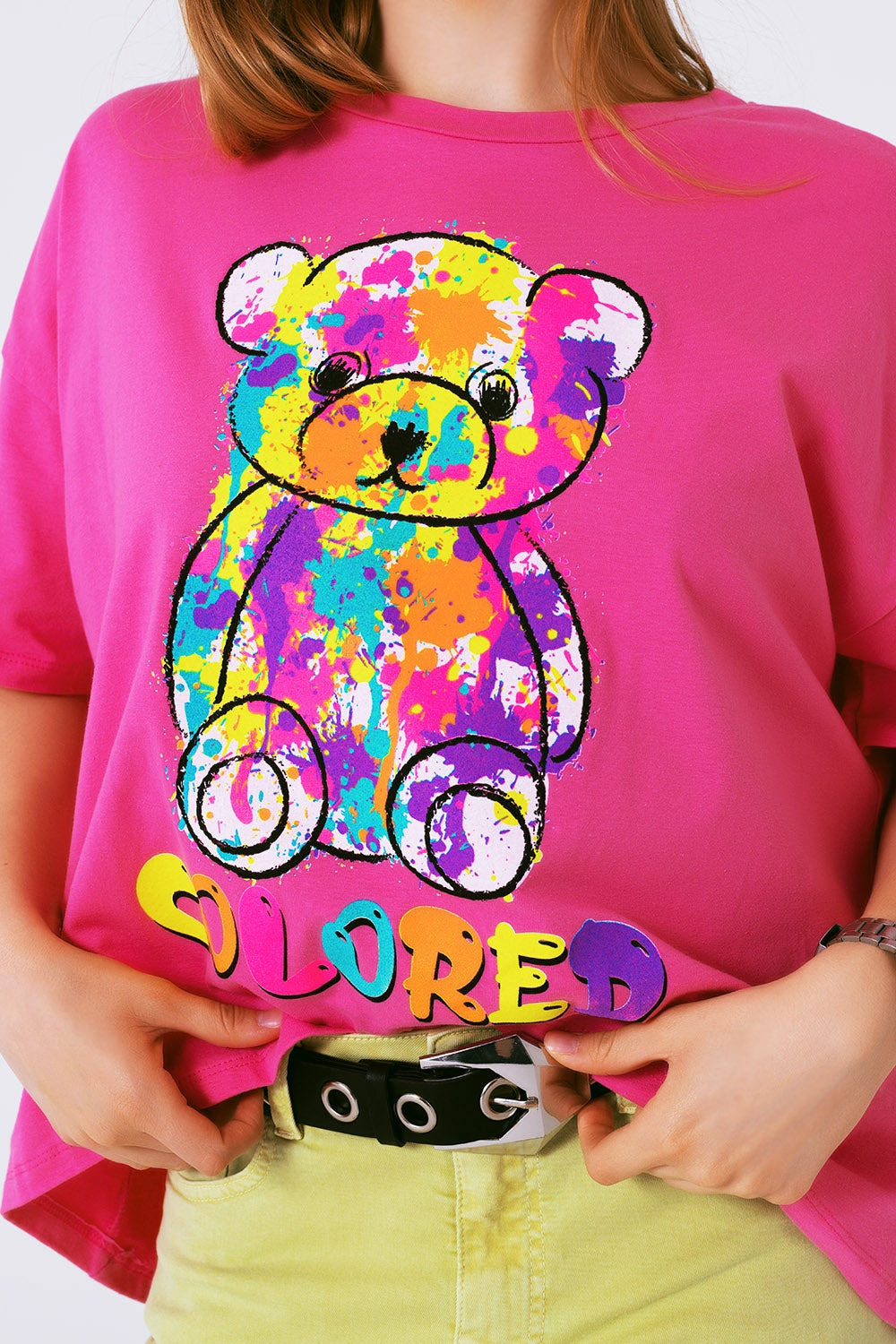 Loose-fitting fuchsia T-shirt with colored bear - Szua Store