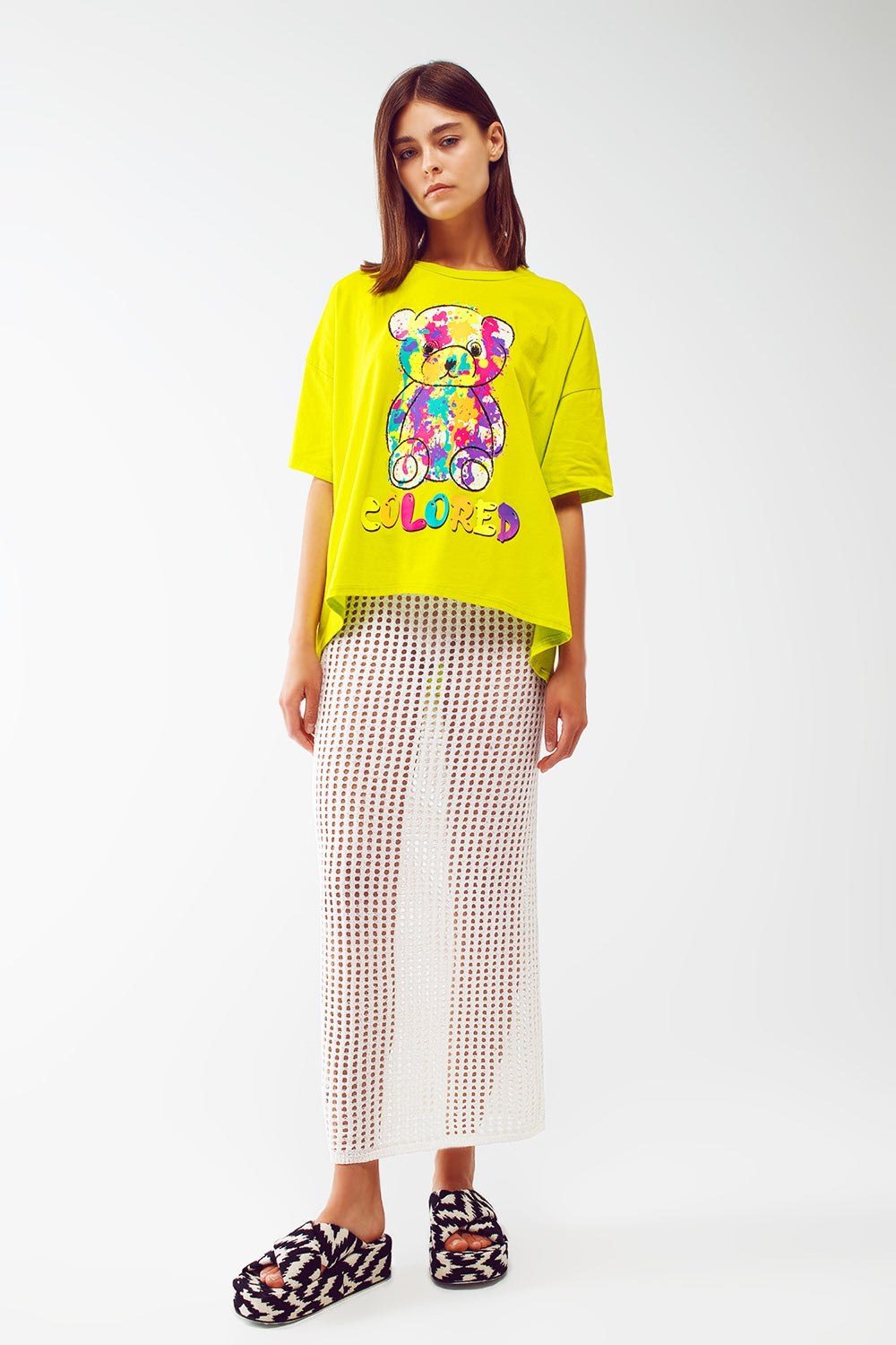 Loose-fitting lime T-shirt with colored bear - Szua Store