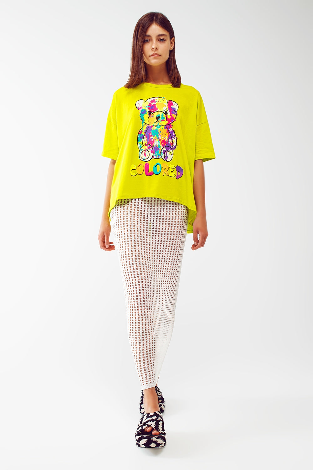 Loose-fitting lime T-shirt with colored bear - Szua Store